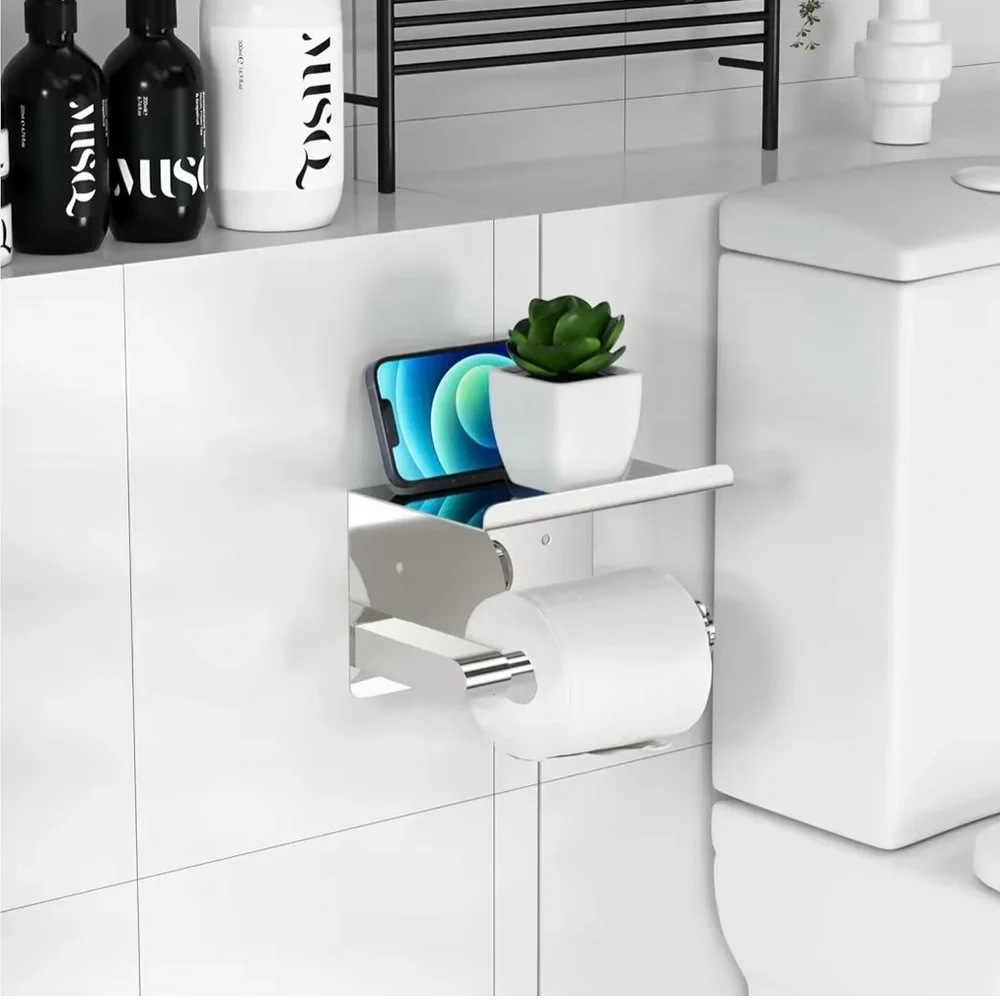 Stainless Steel Toilet Paper Holder With Shelf Mount No Screws